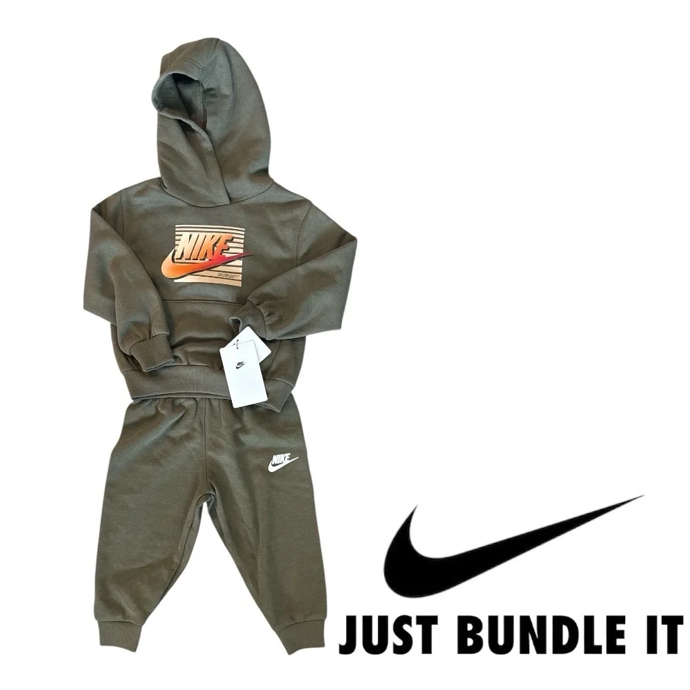 Nike' Lifestyle Essential Pullover Sweatshirt Hoodie & Joggers Set Olive Sz 2T - Picture 2 of 2